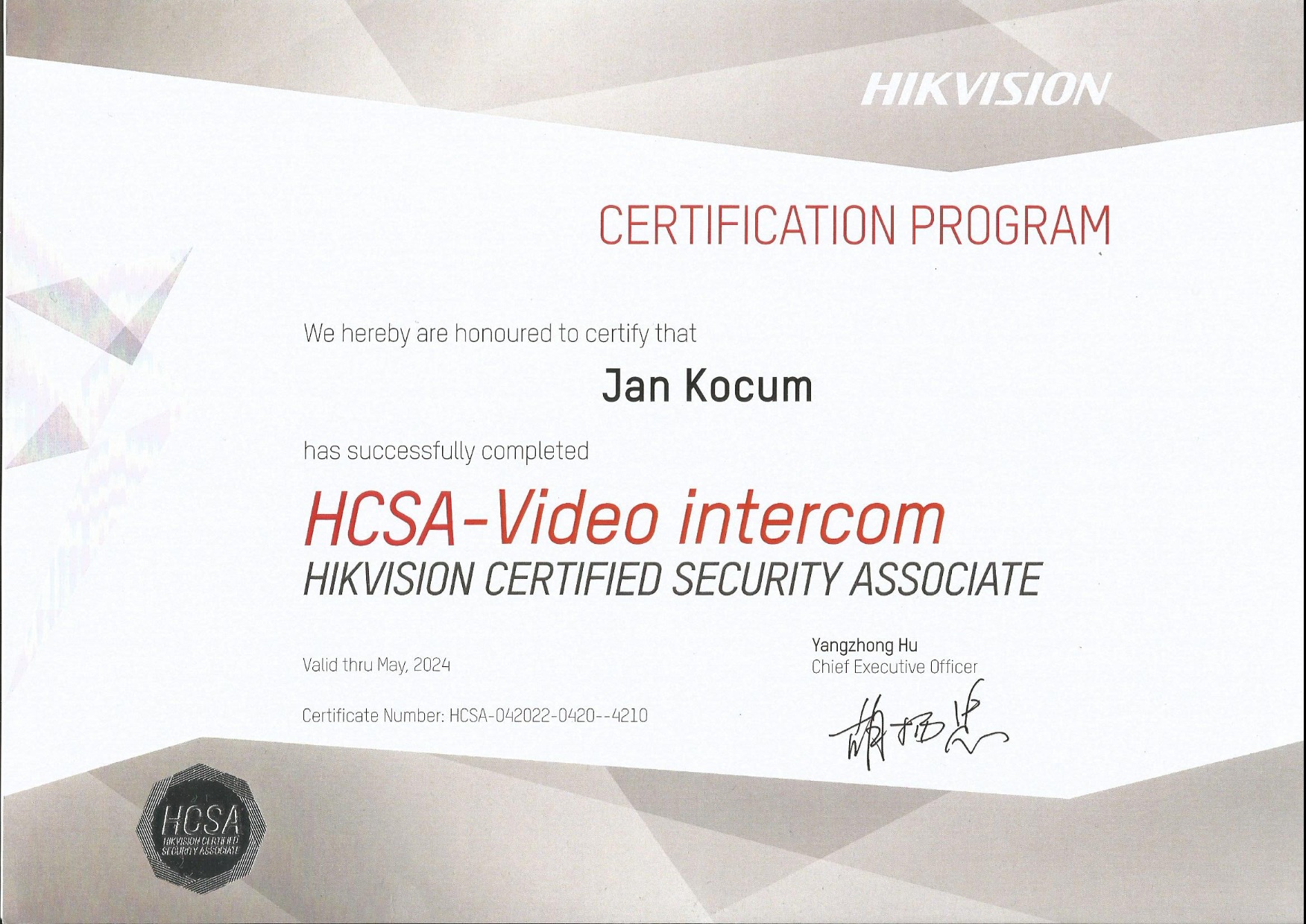Hikvision HCSA Video Intercom certifikát Jan Kocum