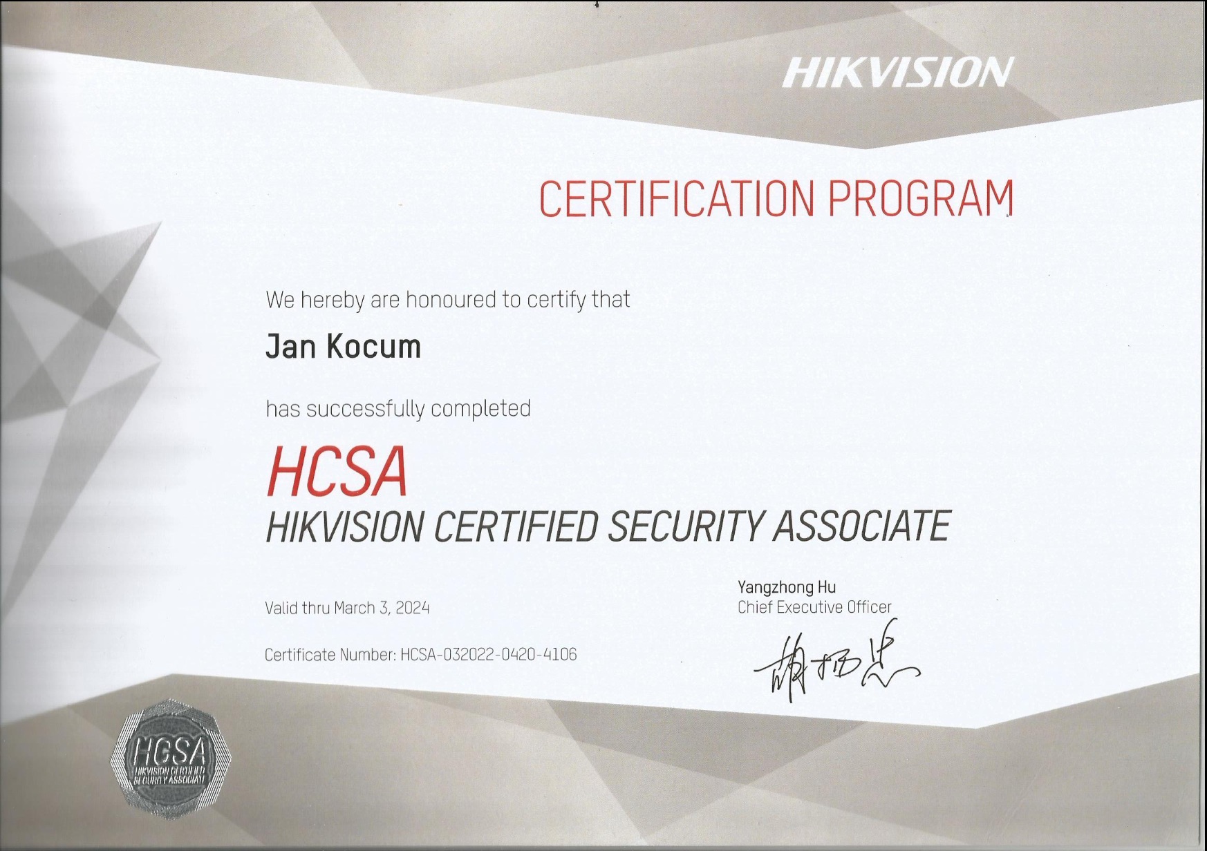 Hikvision HCSA certifikát Jan Kocum
