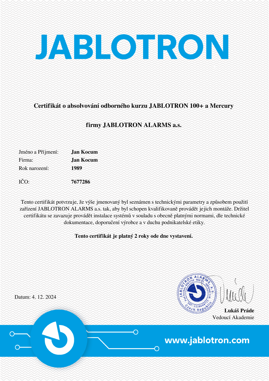Jablotron 100+ a Mercury certifikát Jan Kocum