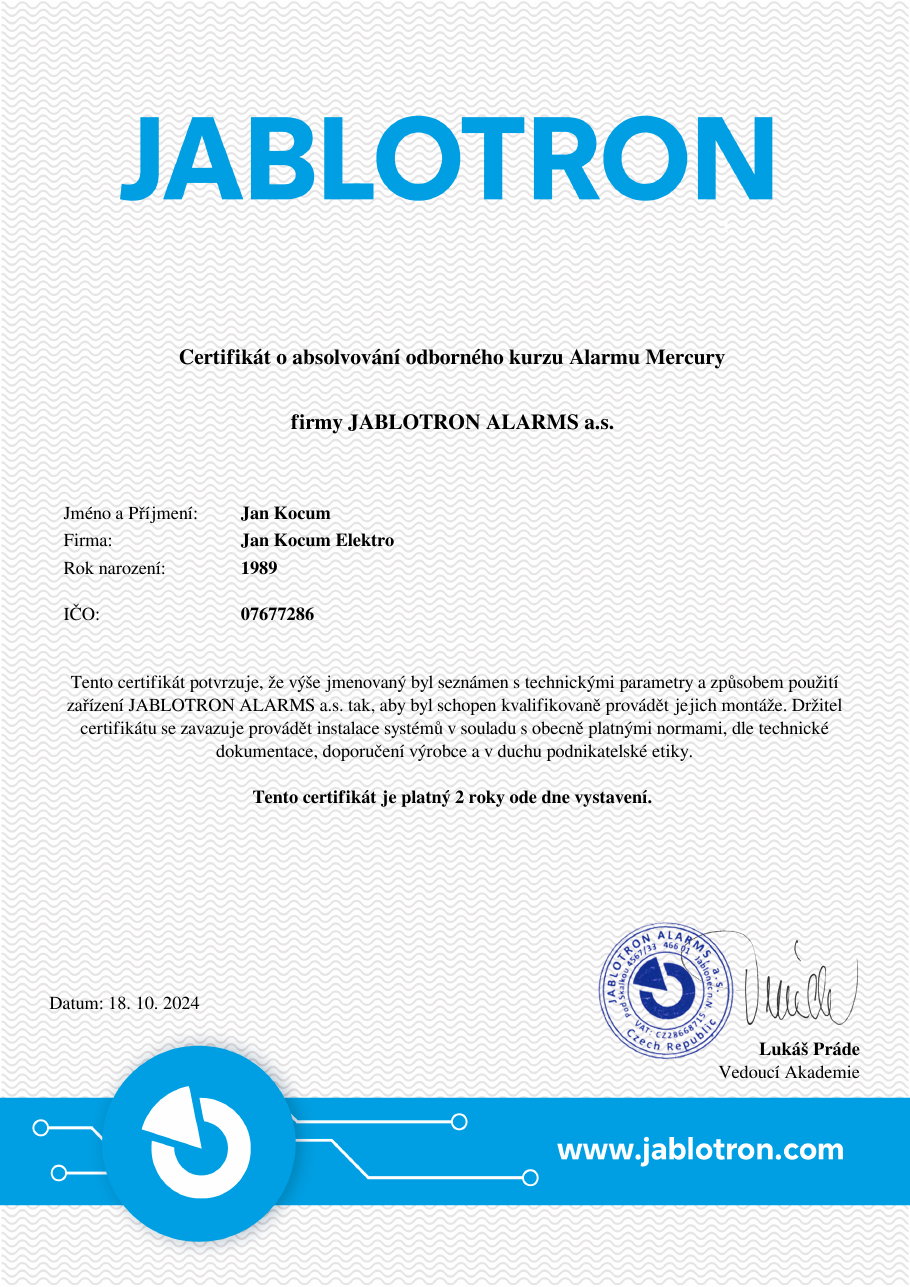 Jablotron Mercury certifikát Jan Kocum